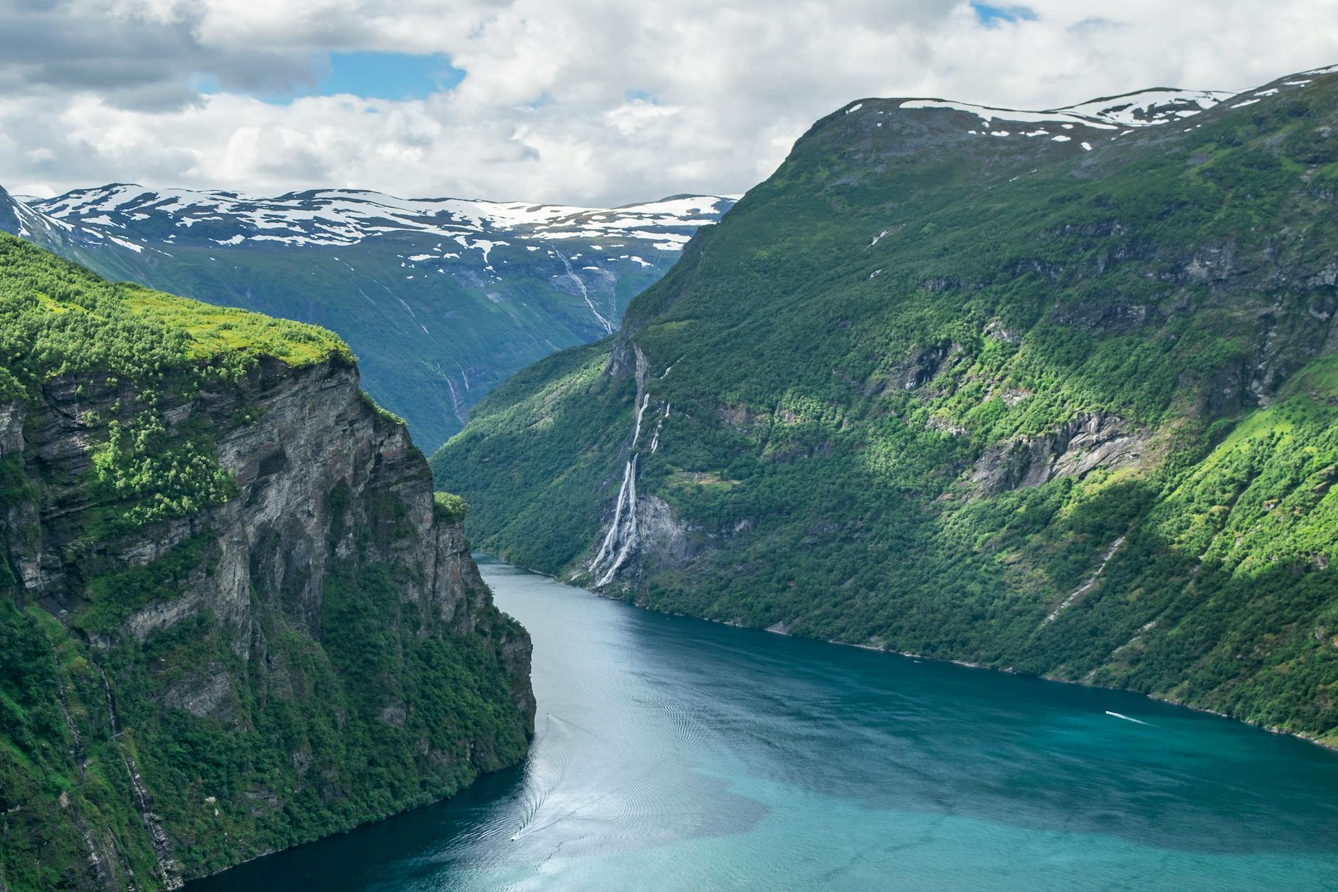 Dramatic Geirangerfjord surrounded by mountains